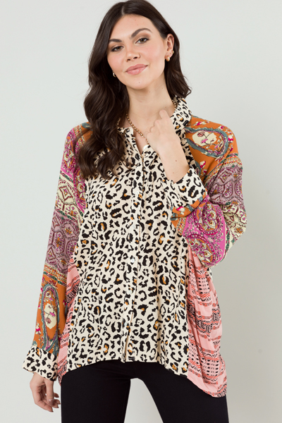 Leopard Mix Print Button Up