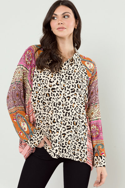 Leopard Mix Print Button Up