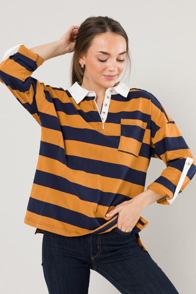 Tab Stripe Knit Top, Camel/Navy