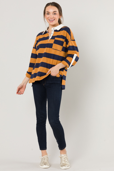 Tab Stripe Knit Top, Camel/Navy