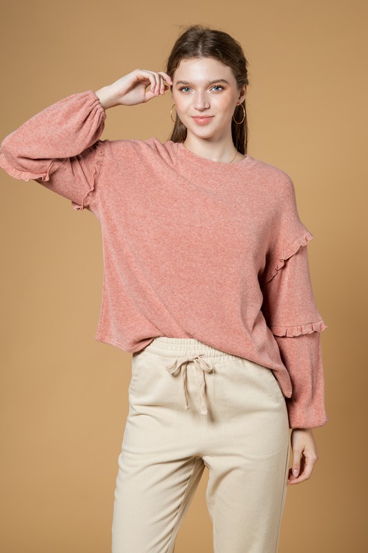 Ruffle Sleeve Sweater, Pink