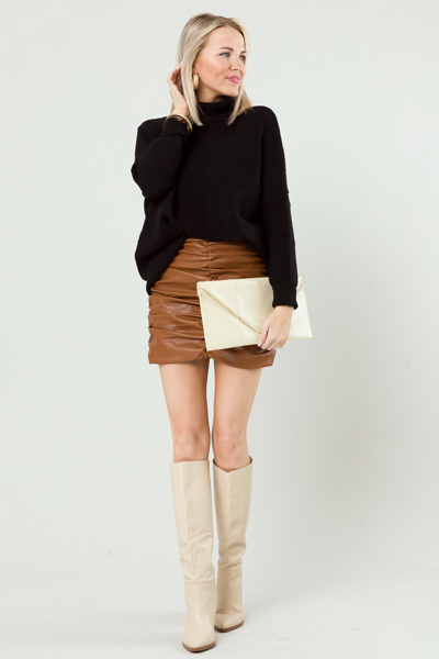 Ruched Leather Mini Skirt, Toffee