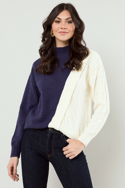 Colorblock Cable Sweater, Navy