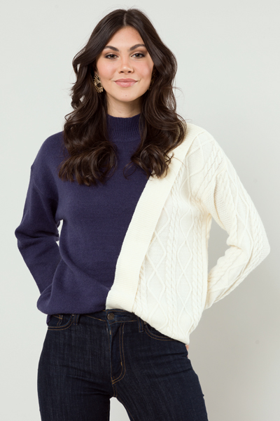 Colorblock Cable Sweater, Navy