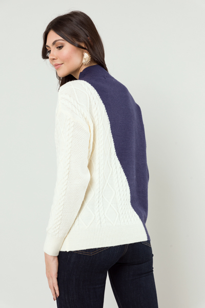 Colorblock Cable Sweater, Navy