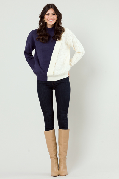 Colorblock Cable Sweater, Navy