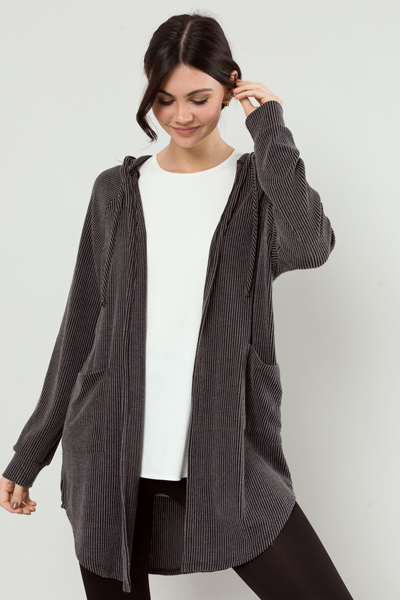 Hooded Rib Cardigan, Charcoal