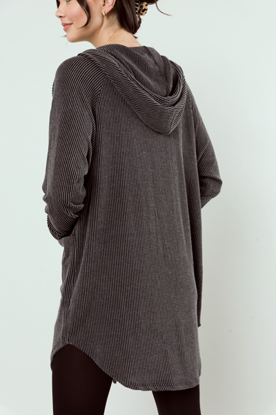 Hooded Rib Cardigan, Charcoal