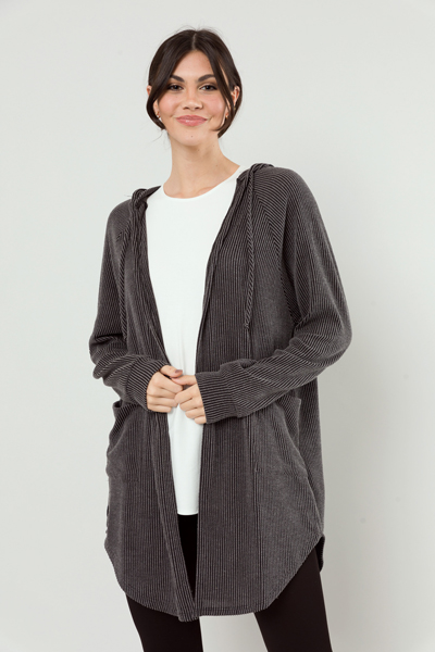 Hooded Rib Cardigan, Charcoal