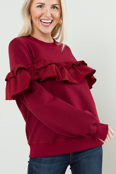 Statement Ruffle Sweatshirt, Burgundy