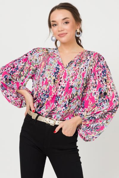 Slinky Branches Pleat Top, Hot Pink