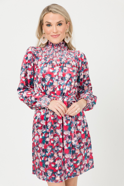 Velvet Floral Smock Dress, Multi