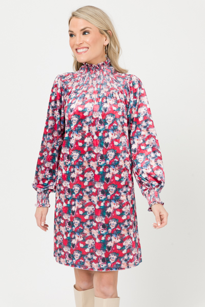 Velvet Floral Smock Dress, Multi