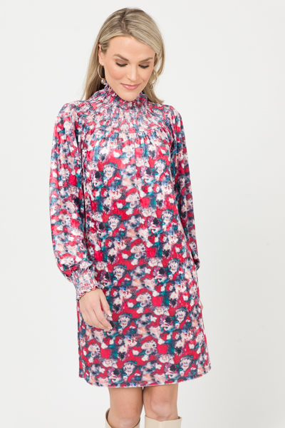 Velvet Floral Smock Dress, Multi