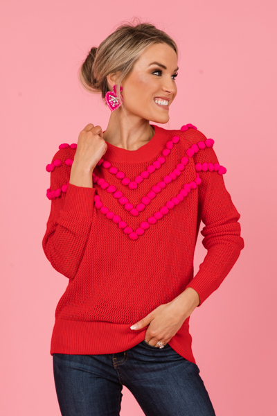 Pom Pom Sweater, Red/Fuchsia