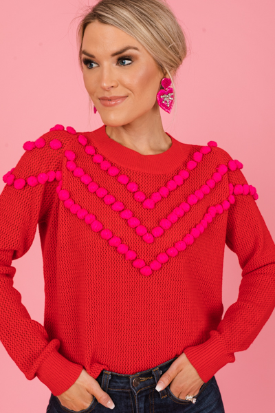 Pom Pom Sweater, Red/Fuchsia