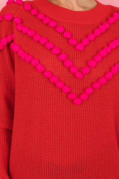 Pom Pom Sweater, Red/Fuchsia