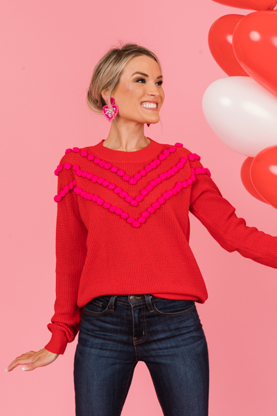 Pom Pom Sweater, Red/Fuchsia