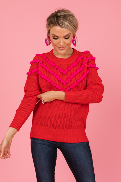 Pom Pom Sweater, Red/Fuchsia