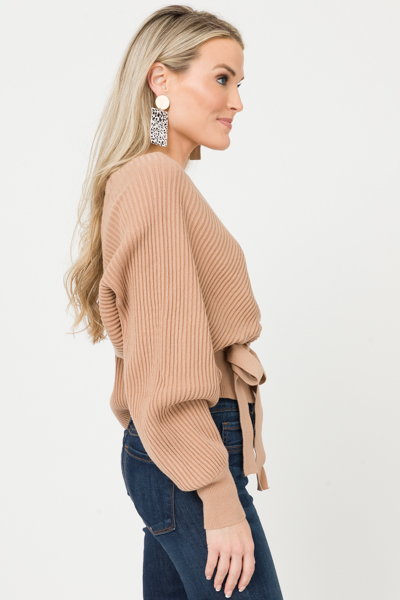 Belted Wrap Sweater, Tan