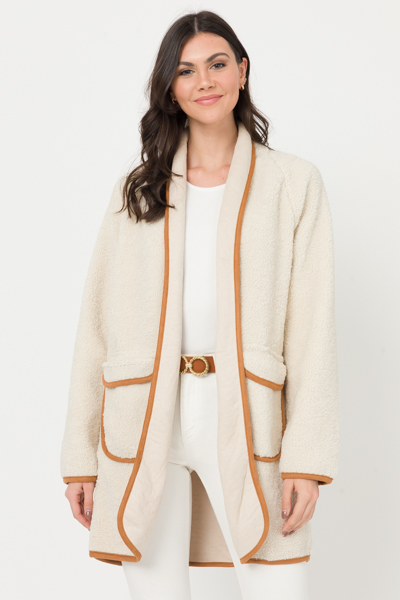 Suede Trim Teddy Coat, Ivory