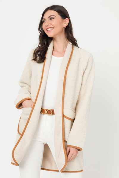 Suede Trim Teddy Coat, Ivory