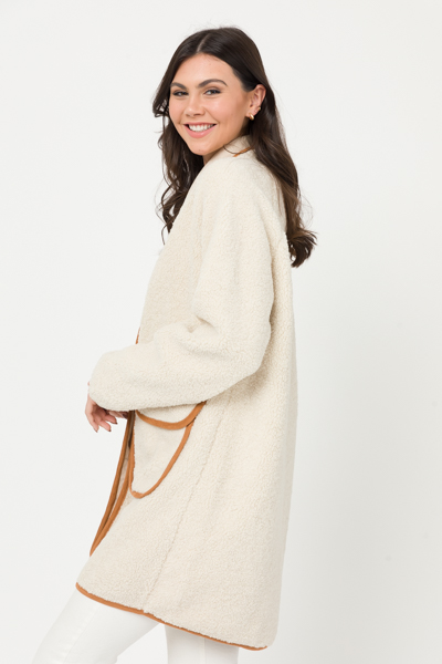 Suede Trim Teddy Coat, Ivory