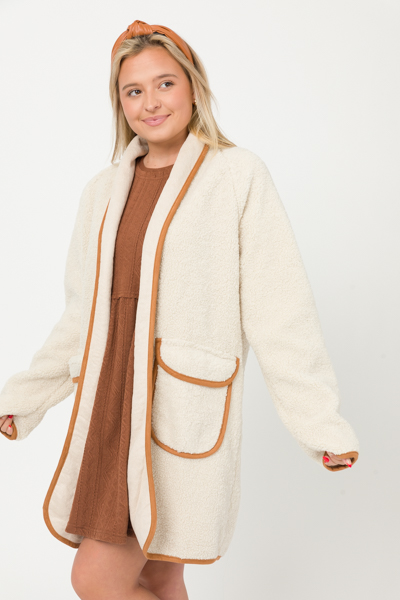 Suede Trim Teddy Coat, Ivory