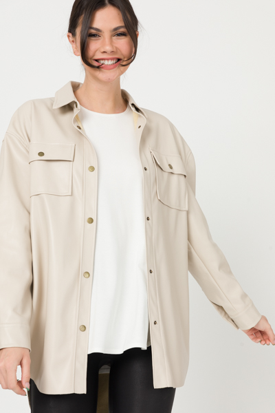 Scooped Leather Shacket, Nude