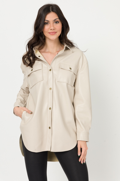 Scooped Leather Shacket, Nude