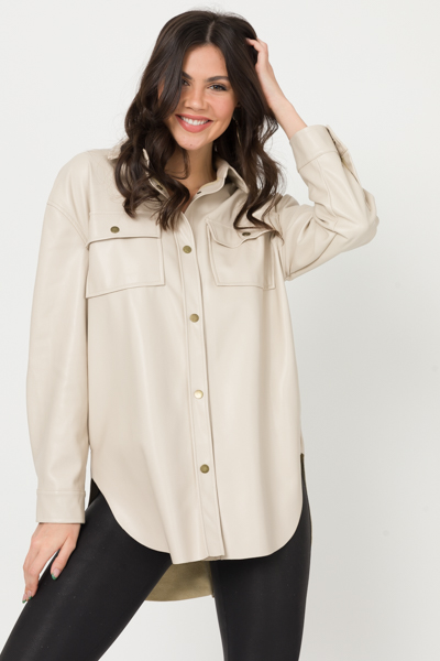 Scooped Leather Shacket, Nude