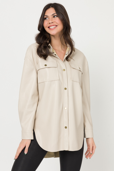 Scooped Leather Shacket, Nude