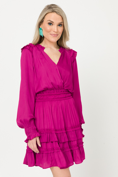 Ruffled Silk Short Dress, Fuchsia