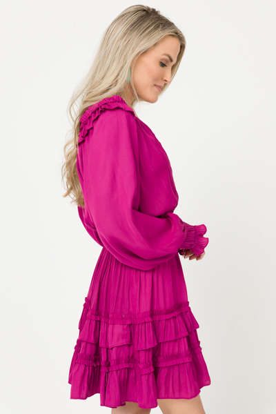 Ruffled Silk Short Dress, Fuchsia