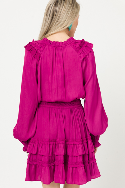 Ruffled Silk Short Dress, Fuchsia