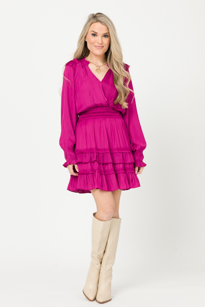 Ruffled Silk Short Dress, Fuchsia