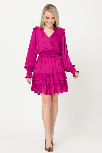 Ruffled Silk Short Dress, Fuchsia