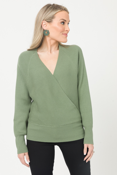 Rib Wrap Front Sweater, Green