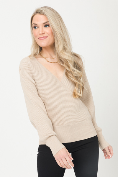 Rib Wrap Front Sweater, Taupe