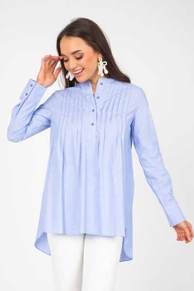 Pintuck Half Button Top, Blue