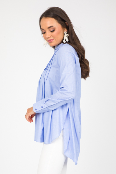 Pintuck Half Button Top, Blue