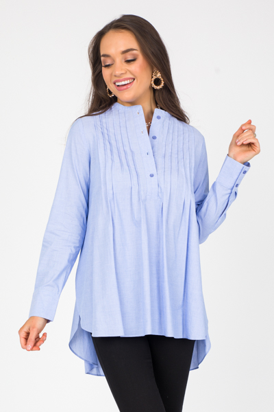 Pintuck Half Button Top, Blue