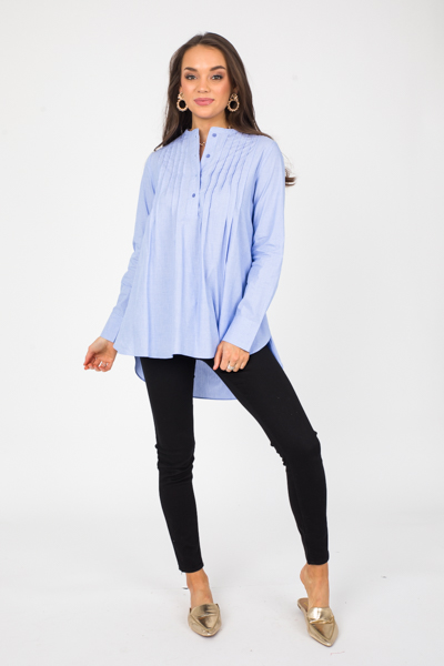 Pintuck Half Button Top, Blue