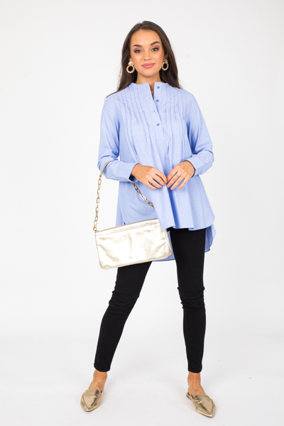 Pintuck Half Button Top, Blue