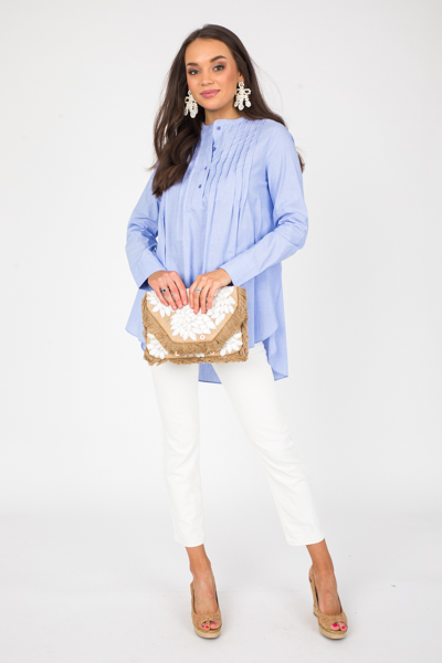 Pintuck Half Button Top, Blue