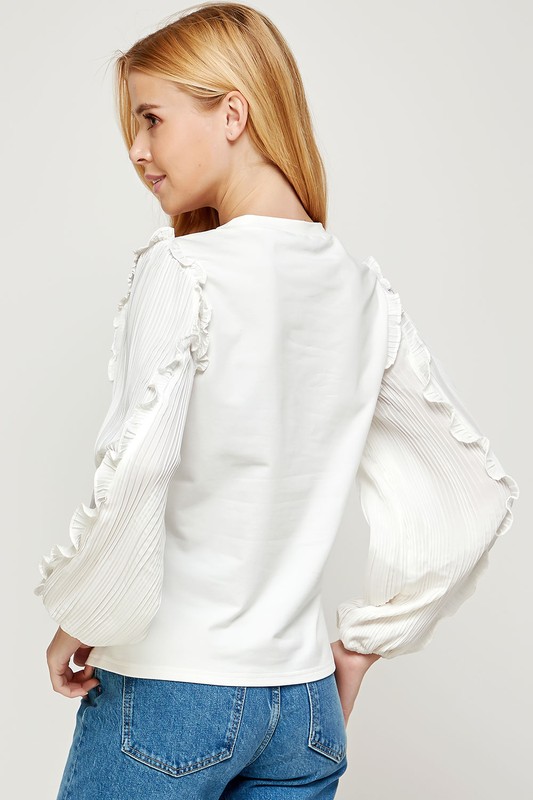 Pleat Sleeves Knit Top, Off White