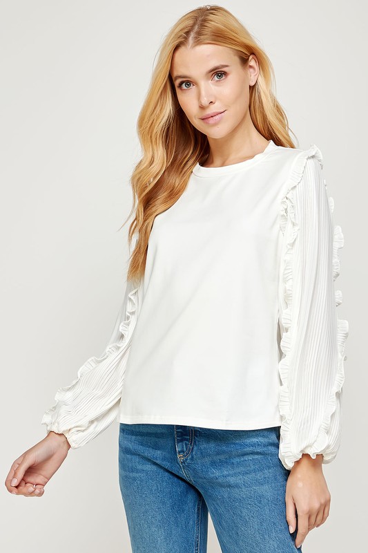 Pleat Sleeves Knit Top, Off White