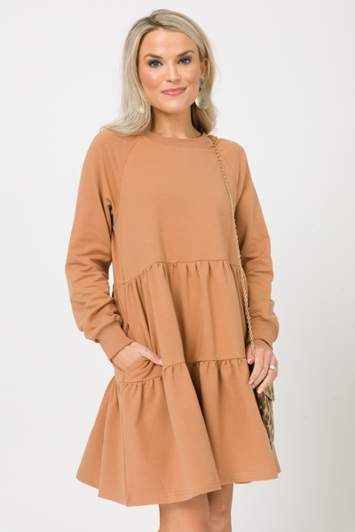 Tiered Sweatshirt Dress, Camel