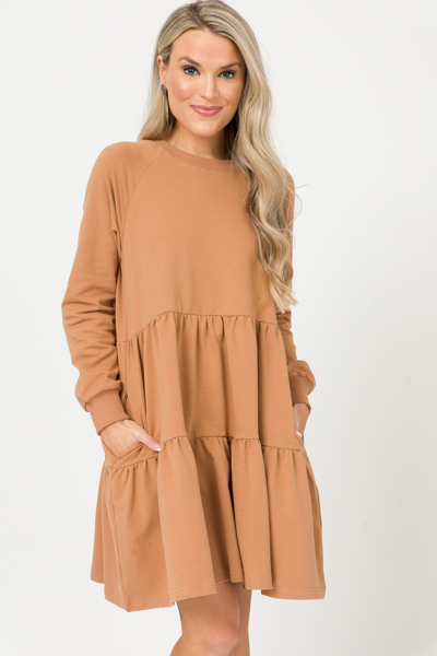 Tiered Sweatshirt Dress, Camel