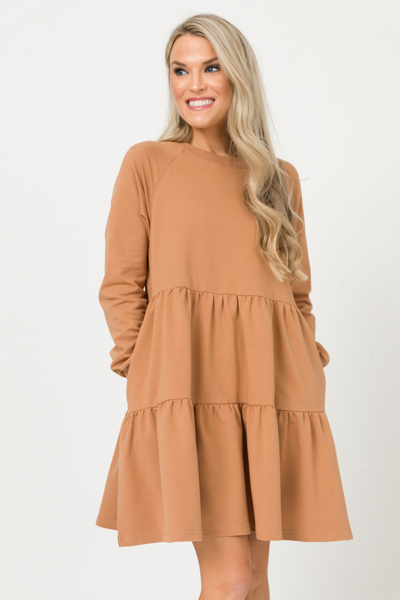 Tiered Sweatshirt Dress, Camel